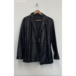 Jones New York Black Womens Jacket Black Leather‎ Button Pockets - Size S